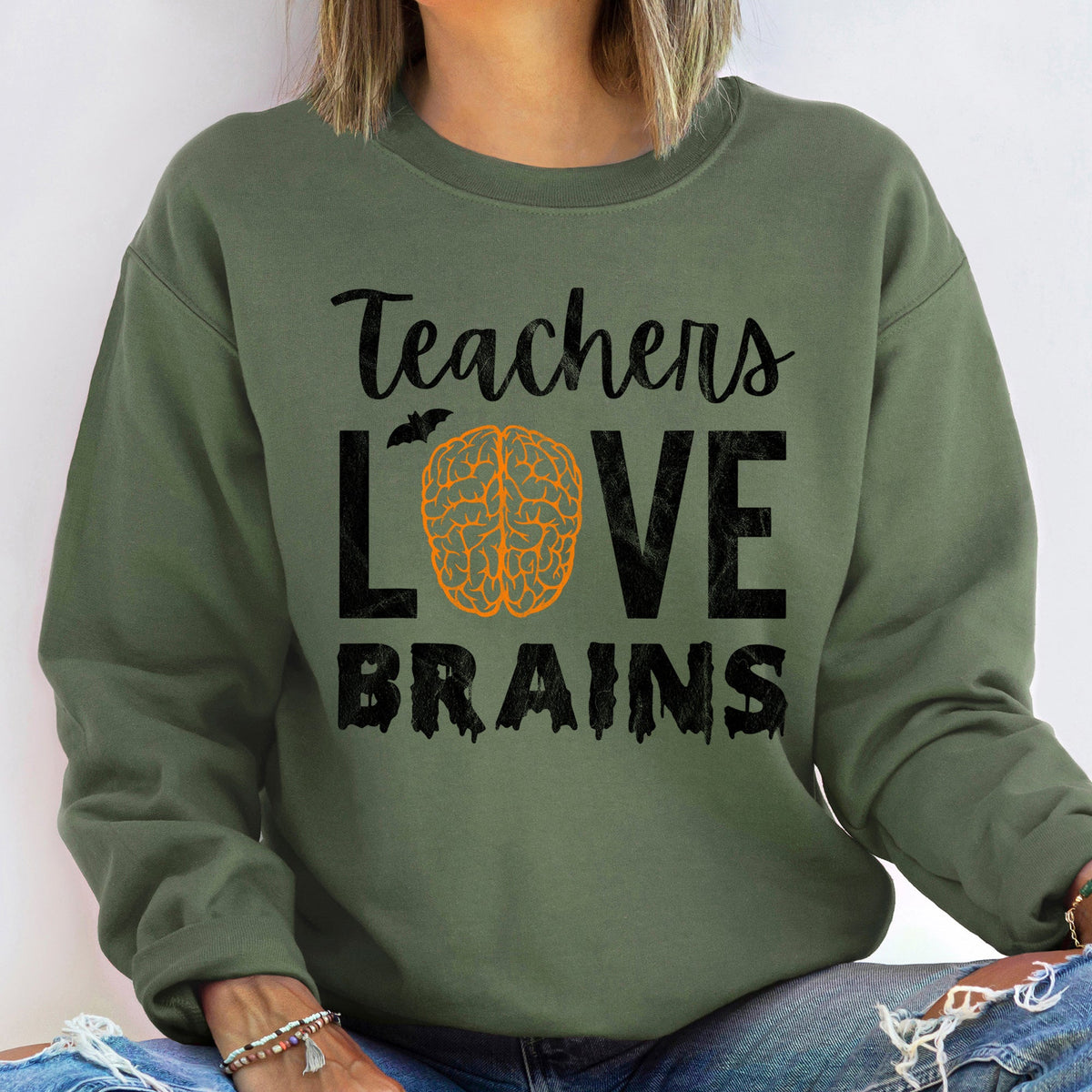 Teachers Love Brains Vintage Halloween Theme For Educators Official Edition Graphic Sweatshirt