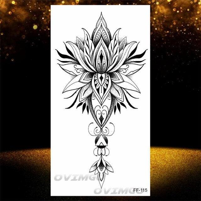 Temporary Lotus Flower Sticker Tattoo Fake Black Elegant Flower Design Women Body Art Fake Arm Tattoo Stickers For Womens