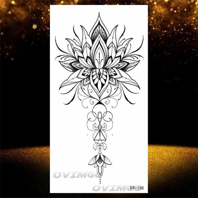 Temporary Lotus Flower Sticker Tattoo Fake Black Elegant Flower Design Women Body Art Fake Arm Tattoo Stickers For Womens