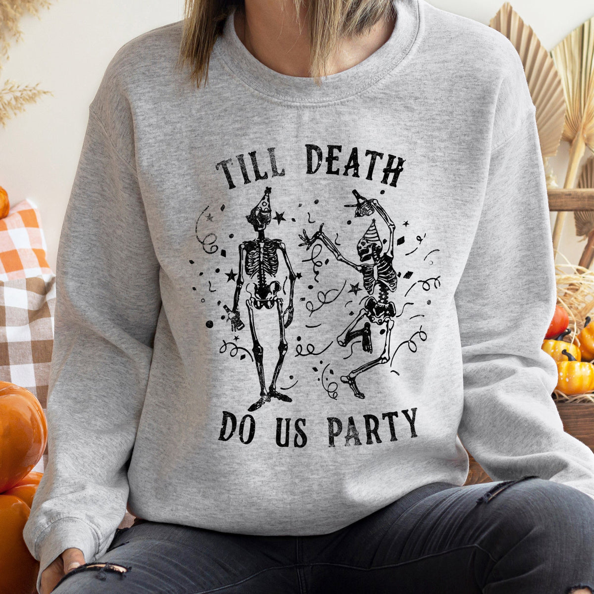 Till Death Vintage Halloween Graphic Artwork Featuring Moonlit Graveyard Silhouettes And Bats Sweatshirt