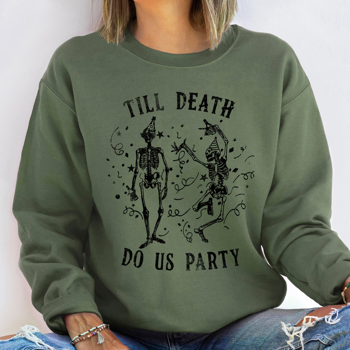 Till Death Vintage Halloween Graphic Artwork Featuring Moonlit Graveyard Silhouettes And Bats Sweatshirt
