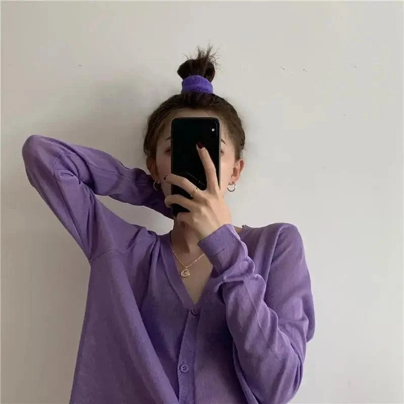 Cardigan For Women Long Sleeve Cardigan Summer Cropped Cardigan Knitted V neck Thin Ice Silk Sweaters Sunscreen Shirt Tops