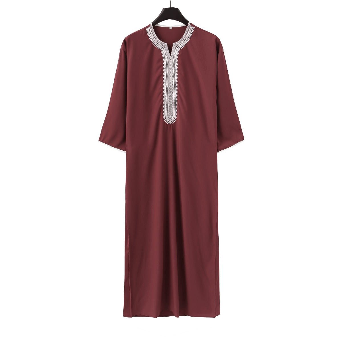 V-Neck Geometric Stitching Embroidered Medium Short Sleeve Muslim Robe Thobe (MT030)