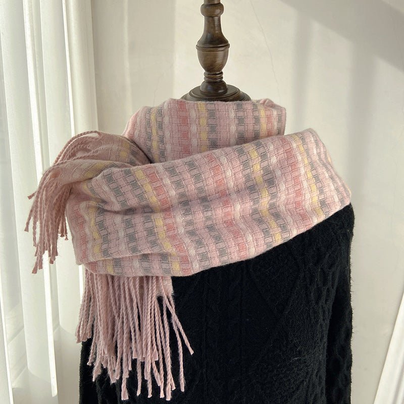 Vibrant Plaid Scarf Faux Wool Warm Shawl with Fringe (MAC334)