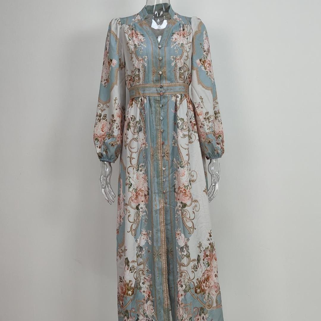 Vintage Floral Maxi Dress | V-Neck Long Sleeve Victorian Style Dress(MA378)