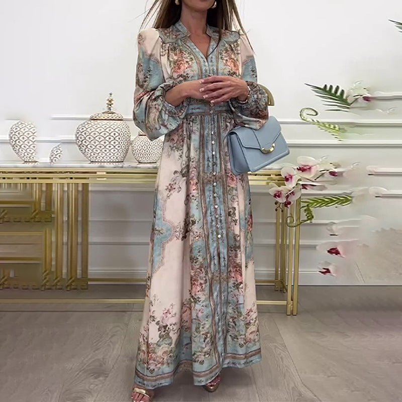 Vintage Floral Maxi Dress | V-Neck Long Sleeve Victorian Style Dress(MA378)