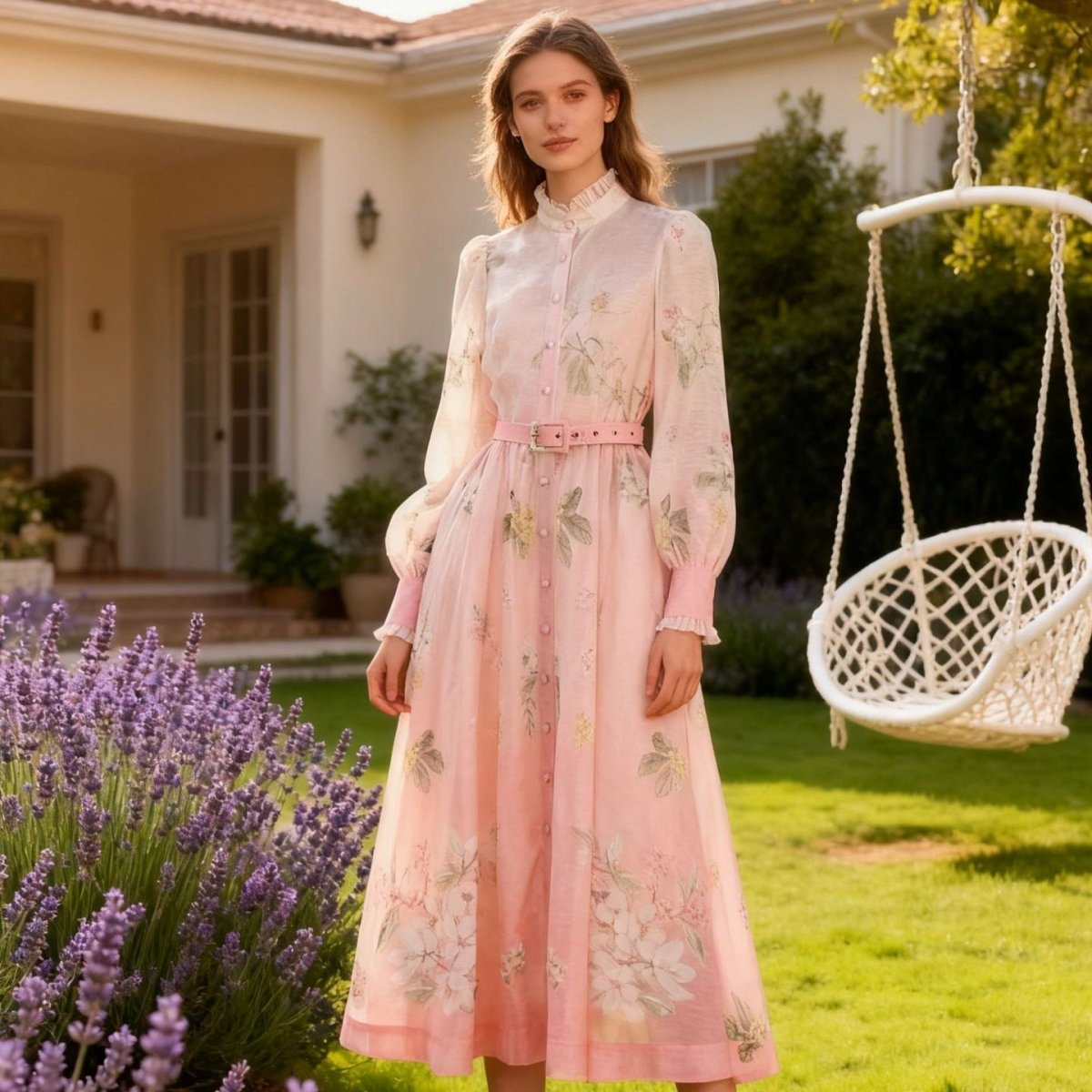 Vintage Floral Print Dress with Ruffle Collar(MS357)