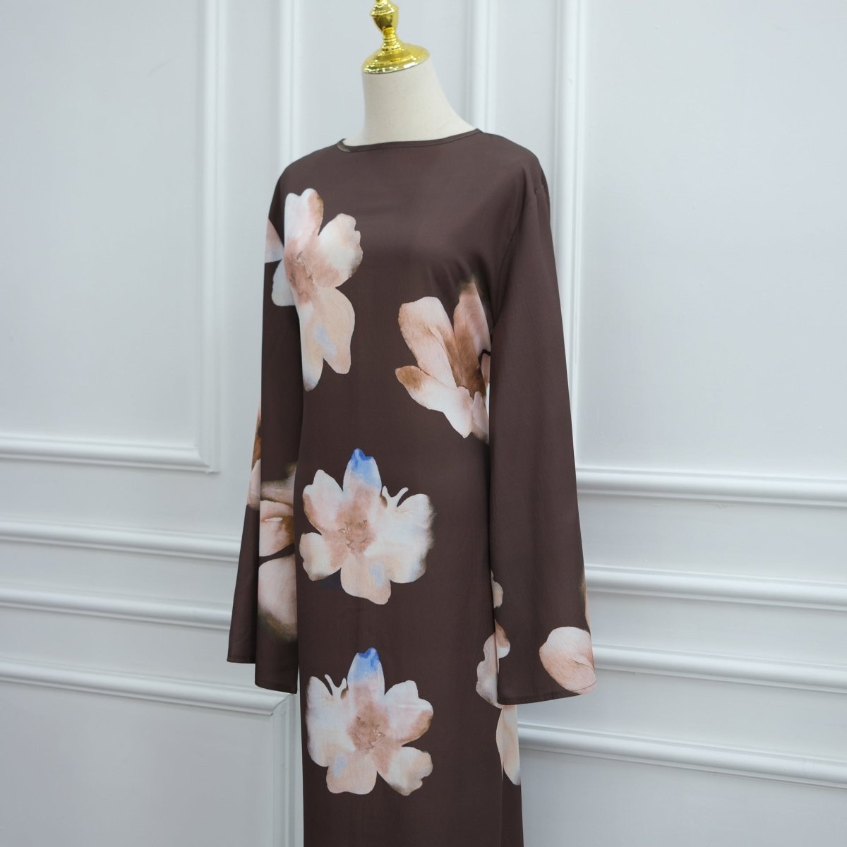 Watercolour Floral Washed-Crinkle Wide-Sleeve Maxi Dress(MS473)