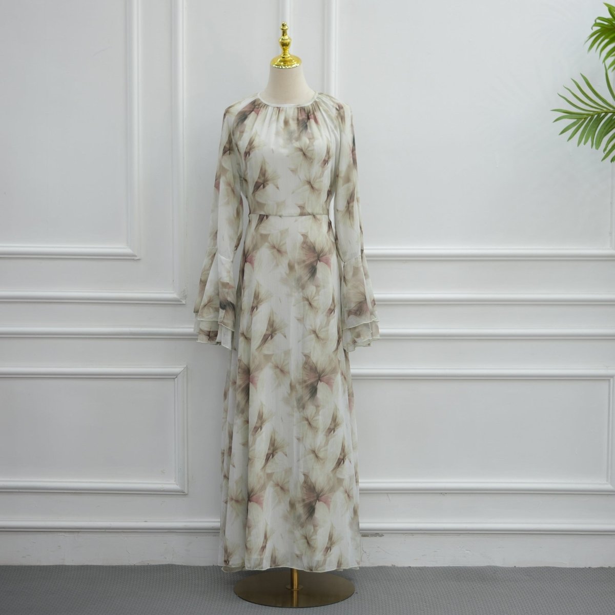 Watercolour Print Double-Layer Flared-Sleeve Maxi Dress(MS479)