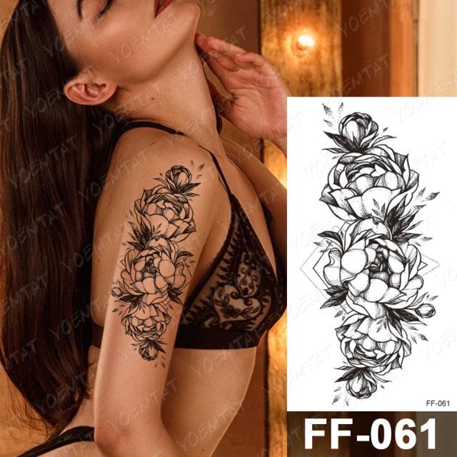 Waterproof Temporary Black Tattoo Sticker Peony Flower Snake Sketch Luxury Big Tattoo For Womens
