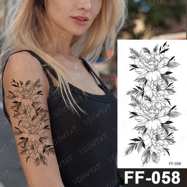 Waterproof Temporary Black Tattoo Sticker Peony Flower Snake Sketch Luxury Big Tattoo For Womens