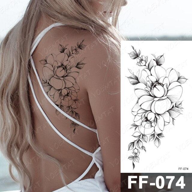 Waterproof Temporary Black Tattoo Sticker Peony Flower Snake Sketch Luxury Big Tattoo For Womens