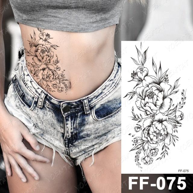 Waterproof Temporary Black Tattoo Sticker Peony Flower Snake Sketch Luxury Big Tattoo For Womens
