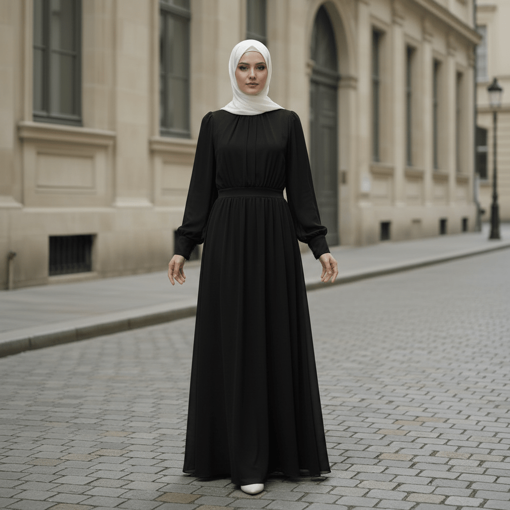White Chiffon Princess Dress Abaya with Lantern Sleeves | Elegant Spring Fairy Swing French Court-Style Abaya (MA180)
