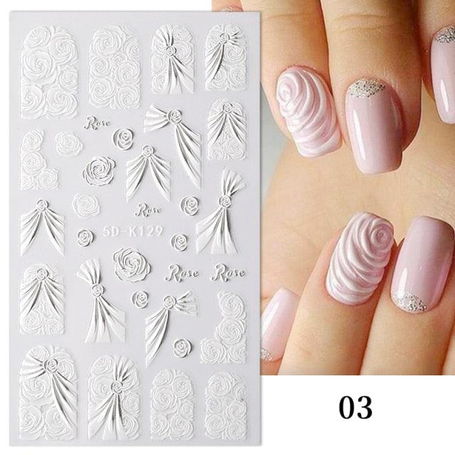 White Embossed Flower Lace 5D Sticker Decal Wedding Nail Art Designs Floral Flower Transfer Decal  Geometry  3D Wave Design Decoration for Women Girls Tape Nail Art Stickers Decal Decoration Geometry Transfer Decals Nail Art Decorations Decoration Decal