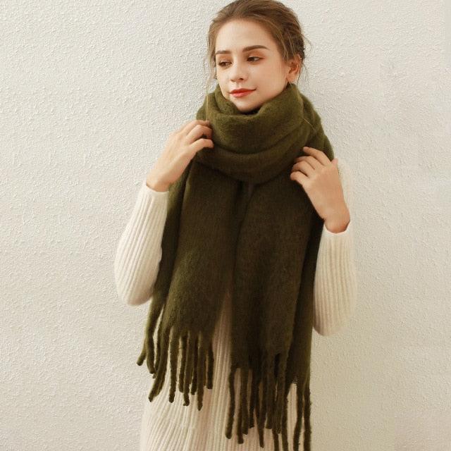 Winter Thick Soft Solid Color Warm Scarf Cashmere Hijabs Lightweight Warm Scarves Wraps Elegant Big Tassels Shawl Long Stole Mufflers For Women