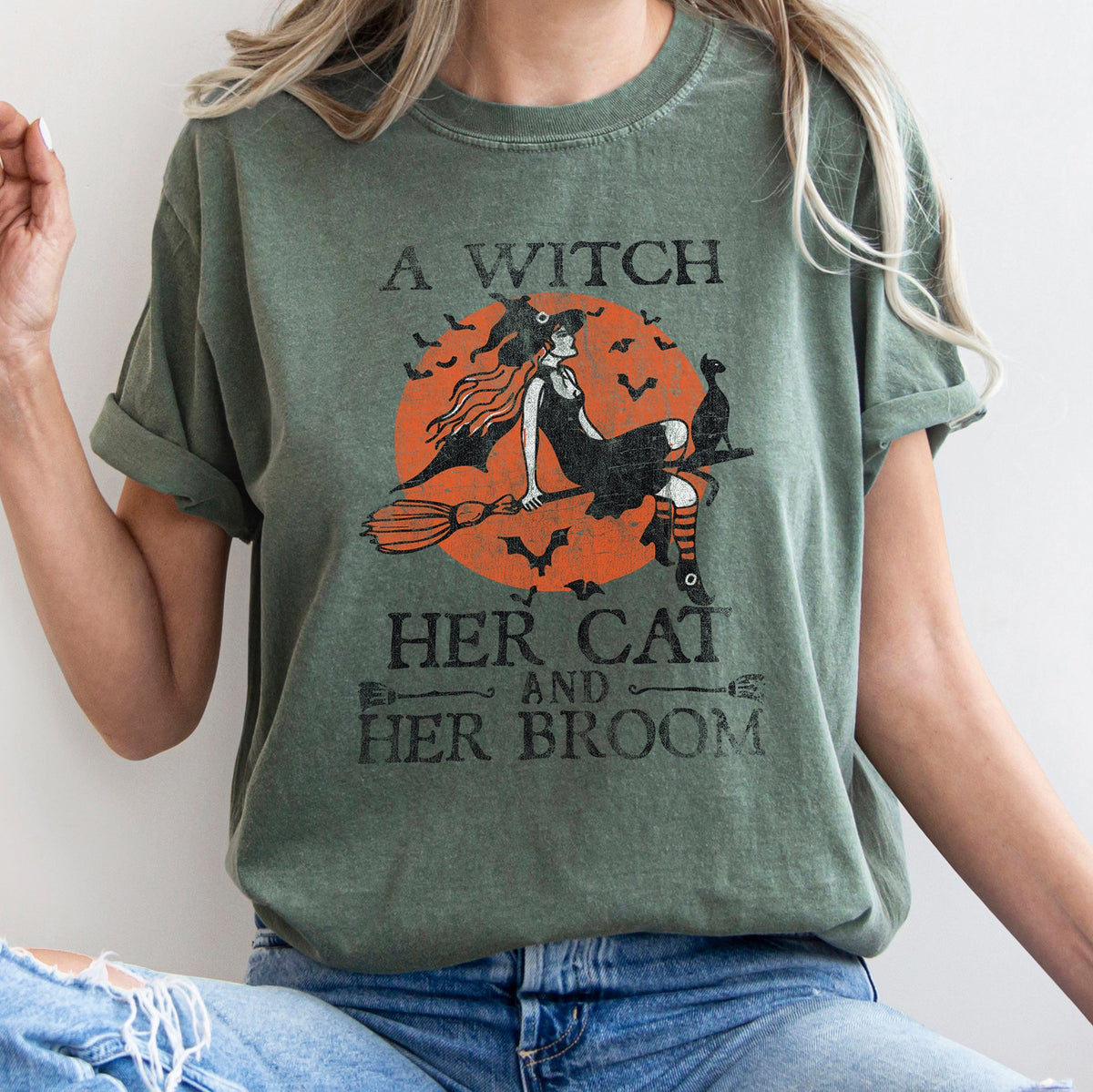 A Witch, Her Cat And Her Broom Retro Halloween Limited Edition Comfort Colors Tee