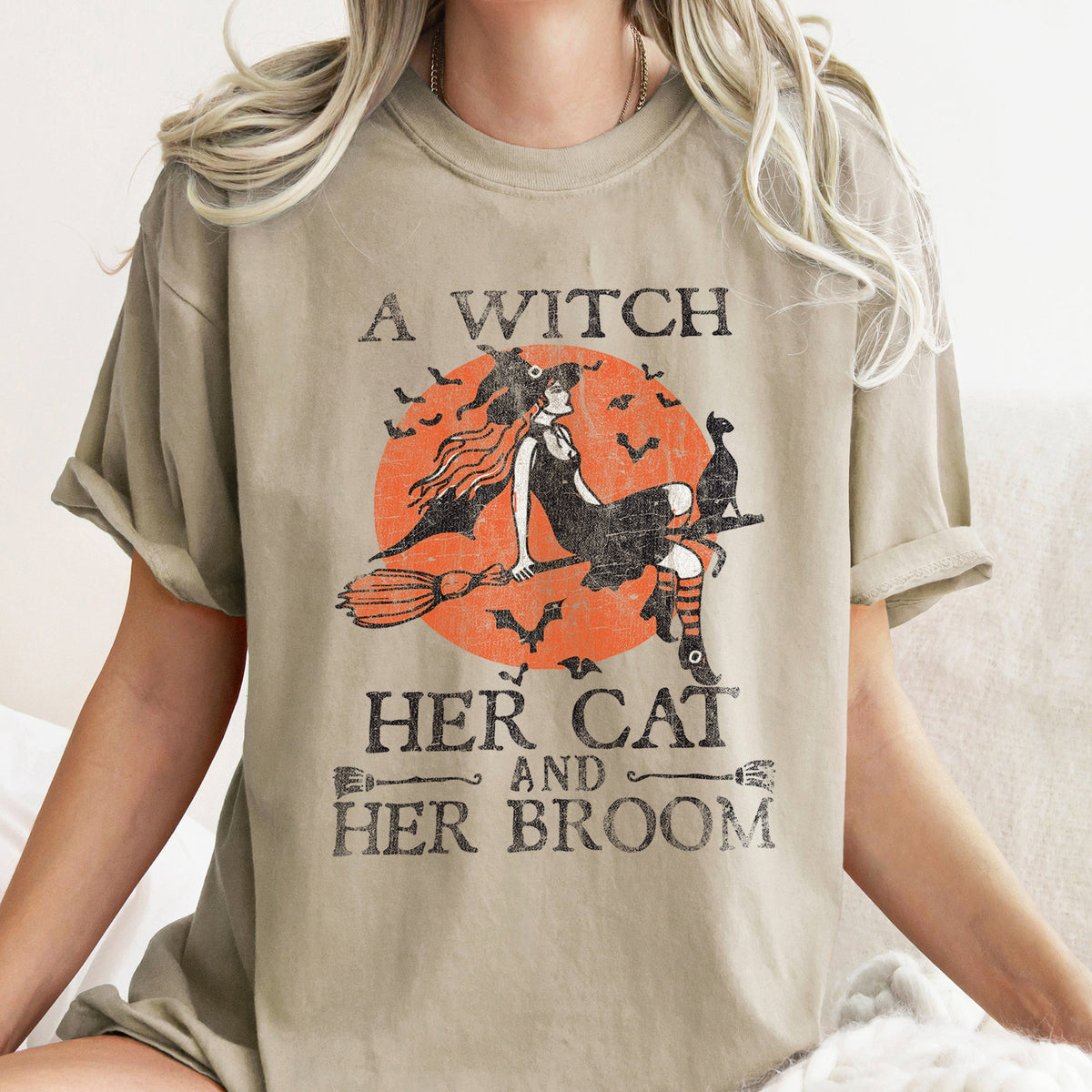 A Witch, Her Cat And Her Broom Retro Halloween Limited Edition Comfort Colors Tee