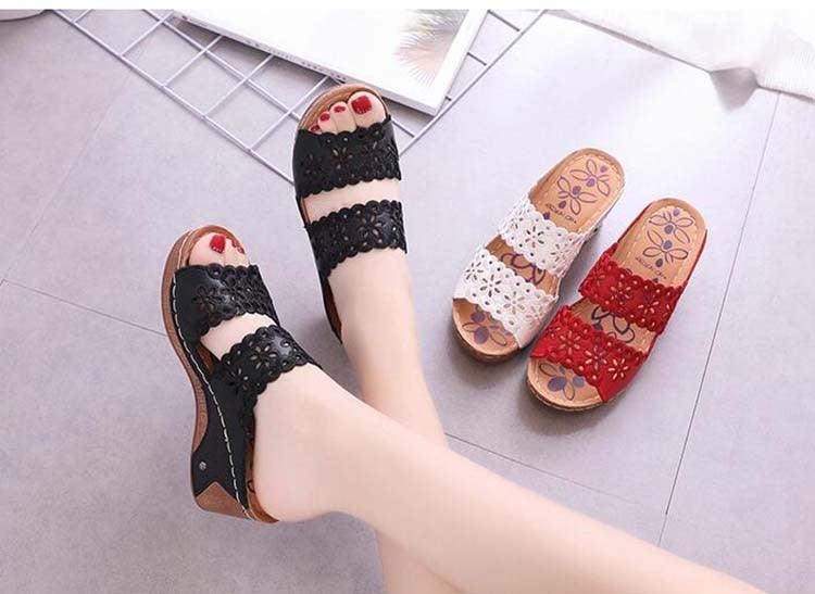 Woman Sandals For Beach Slip On Fashion Sandals Women Thick Bottom Footwear Flat Sandals Soft Leather Vintage Summer Casual Non-Slip Beach Platform Shoes Sandals