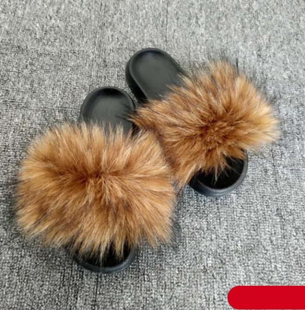 Women Fox Fur Slides Home Beautiful Flat Sandals Female Cute Fluffy House Woman Fur Fluffy Slippers Furry Slides Summer Sandals Open Toe Indoor Outdoor Comfortable Slides Sandals