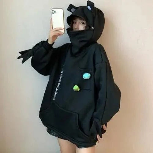 Women Hoodie Frog Pullover Winter Sense Hooded Casual Sweatshirts Autumn Embroidery Loose Hoodies Pullover Casual Creativity Sweatshirt Loose Solid Long Sleeve Tops With Pocket