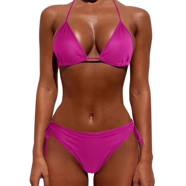 Women One Size Bright Color Swimwear Women's Bikini Pure Color Micro Bikini Charming Bra Bottom Swimsuits New Summer Style Lady Bandage Bikini Set Push-up Bra Bathing Suit Swimsuit