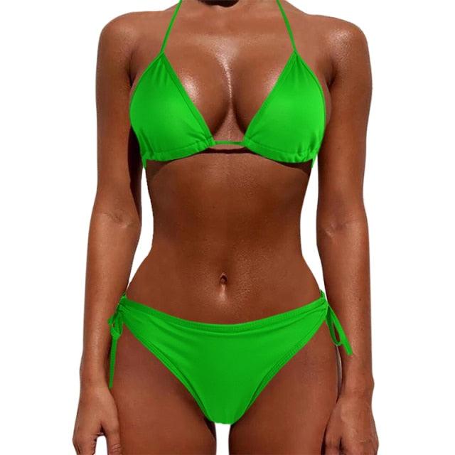 Women One Size Bright Color Swimwear Women's Bikini Pure Color Micro Bikini Charming Bra Bottom Swimsuits New Summer Style Lady Bandage Bikini Set Push-up Bra Bathing Suit Swimsuit