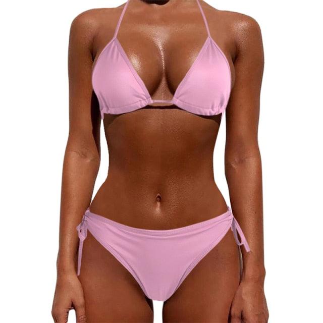 Women One Size Bright Color Swimwear Women's Bikini Pure Color Micro Bikini Charming Bra Bottom Swimsuits New Summer Style Lady Bandage Bikini Set Push-up Bra Bathing Suit Swimsuit
