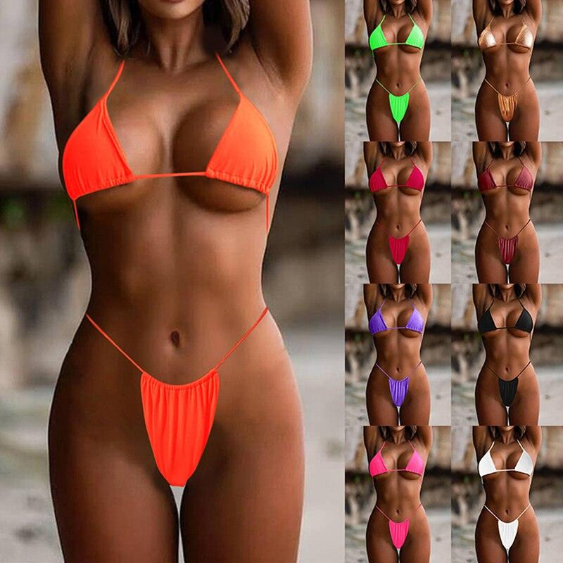Women One Size Bright Color Swimwear Women's Bikini Pure Color Micro Bikini Charming Bra Bottom Swimsuits New Summer Style Lady Bandage Bikini Set Push-up Bra Bathing Suit Swimsuit