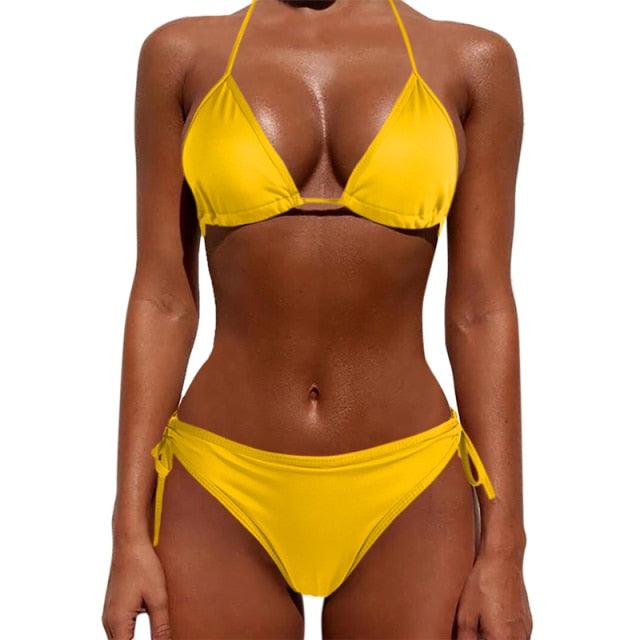 Women One Size Bright Color Swimwear Women's Bikini Pure Color Micro Bikini Charming Bra Bottom Swimsuits New Summer Style Lady Bandage Bikini Set Push-up Bra Bathing Suit Swimsuit