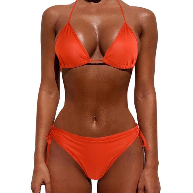 Women One Size Bright Color Swimwear Women's Bikini Pure Color Micro Bikini Charming Bra Bottom Swimsuits New Summer Style Lady Bandage Bikini Set Push-up Bra Bathing Suit Swimsuit