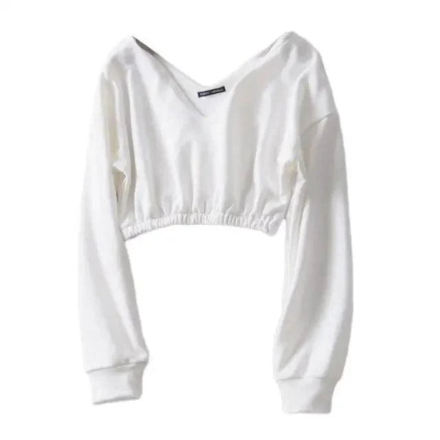 Women Sweatshirt Streetwear Hoodies Hip Pop Crop Top Female Long Sleeve Deep V Neck Pullovers Womens Sweatshirts Pullover Tops Drop Shoulder Running Activewear Casual Gym Workout Sweatshirt