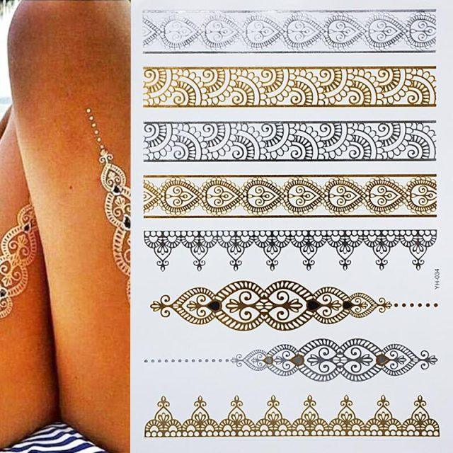 Womens Metallic Temporary Sticker Tattoos Gold Silver Waterproof Tattoos for Women