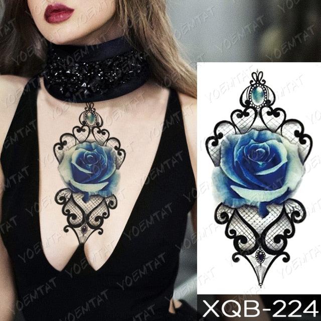 Womens Waterproof Temporary Tattoo Sticker Blue Flower Luxury Big Tatoo For Body Arm